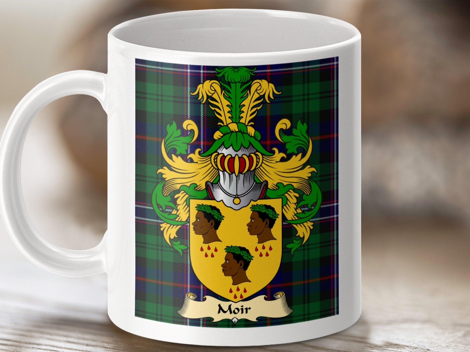 Moir Clan Surname Coat Of Arms Tartan Mug - Celtic Ancestry Gifts