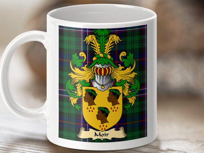 Moir Clan Surname Coat Of Arms Tartan Mug - Celtic Ancestry Gifts