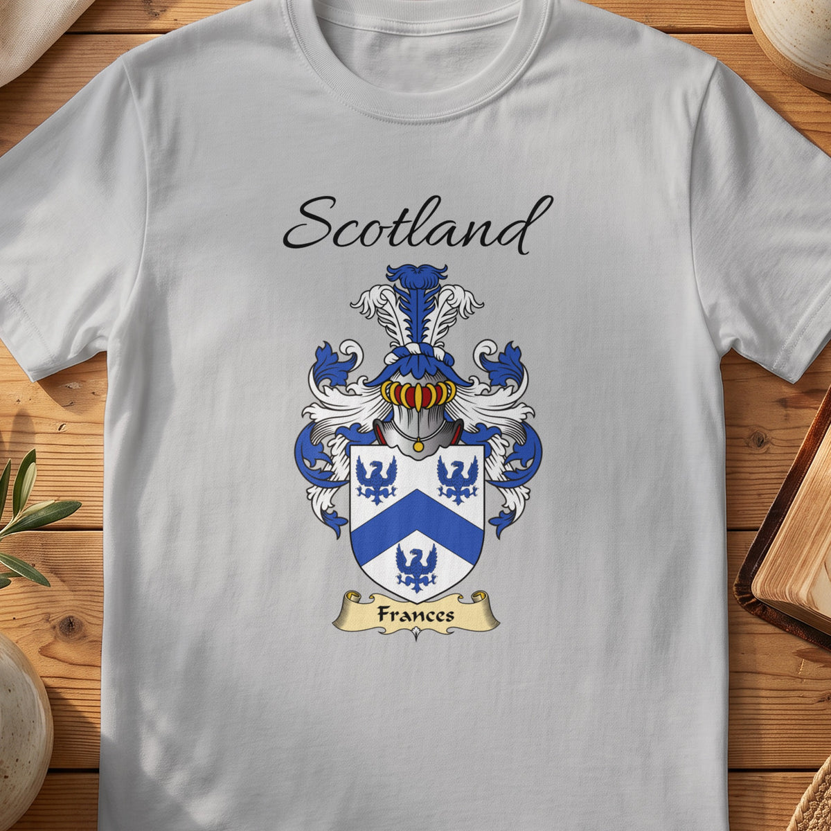 Sport Grey Frances Scottish family shield T-shirt featuring blue birds around a blue chevron