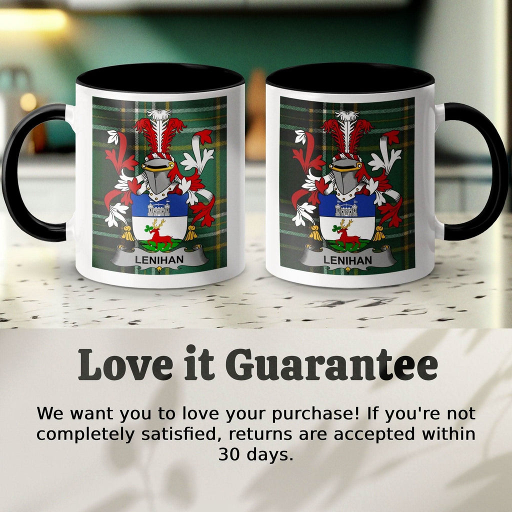 Lenihan Surname Family Crest on Irish Tartan Mug - Celtic Ancestry Gifts