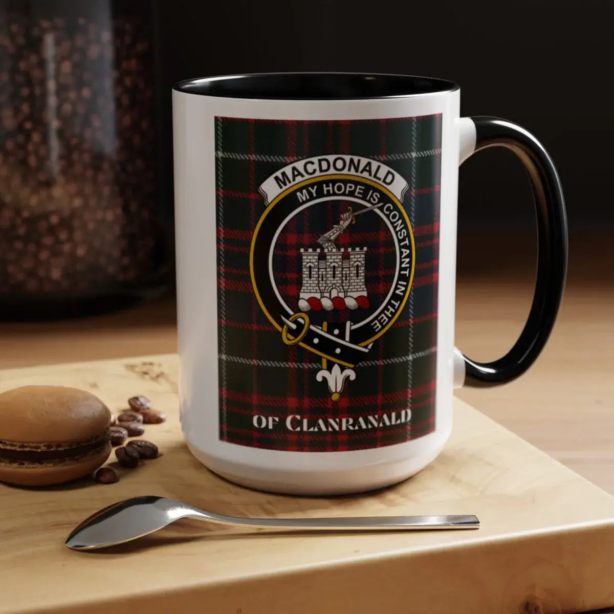 MacDonald of Clanranald tartan mug with clan crest design 15oz — My Hope Is Constant In Thee