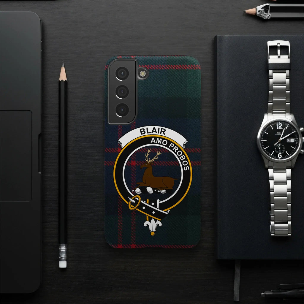Blair Amo Probos crest tartan phone case side view — clan design, edge-to-edge glossy wrap print