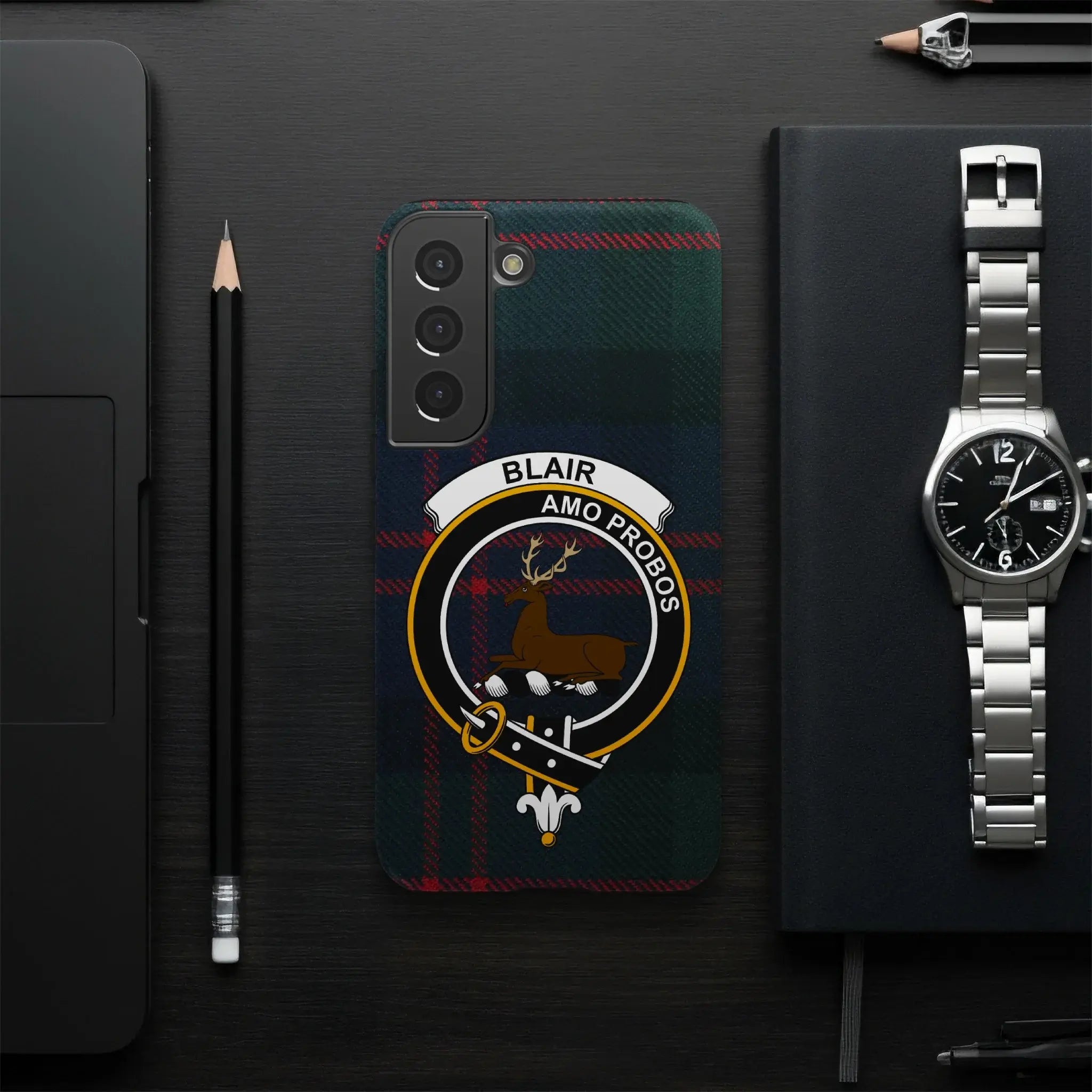 Blair Amo Probos crest tartan phone case side view — clan design, edge-to-edge glossy wrap print