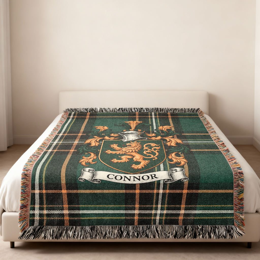Connor Irish National Tartan family crest woven throw displayed in a home setting