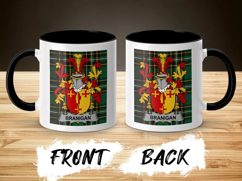 Two mugs showing the same Branigan coat of arms on a plaid background.