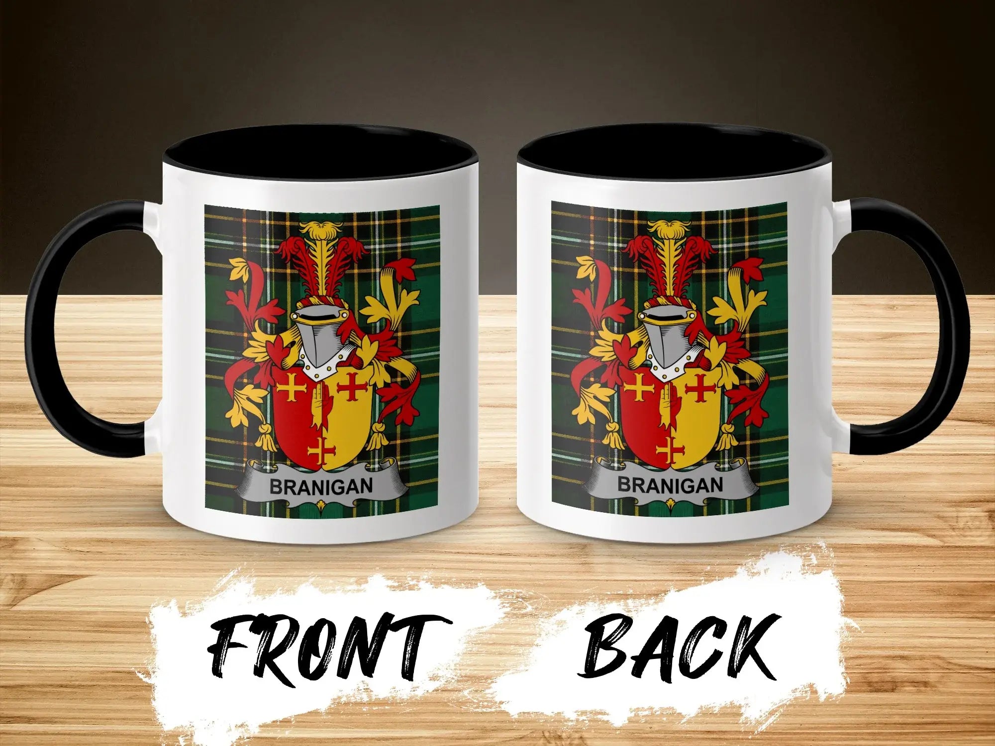 Two mugs showing the same Branigan coat of arms on a plaid background.