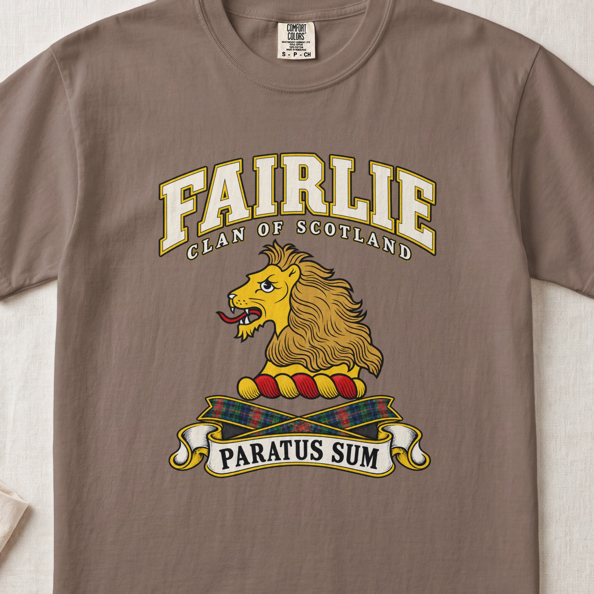 Fairlie Scottish clan T-shirt in Espresso, front view with a gold lion head and motto design.