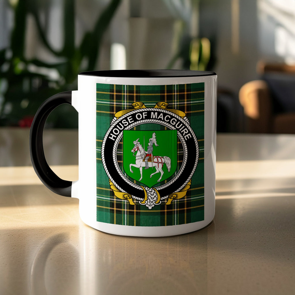 MacGuire surname accent mug displayed with Irish National Tartan design