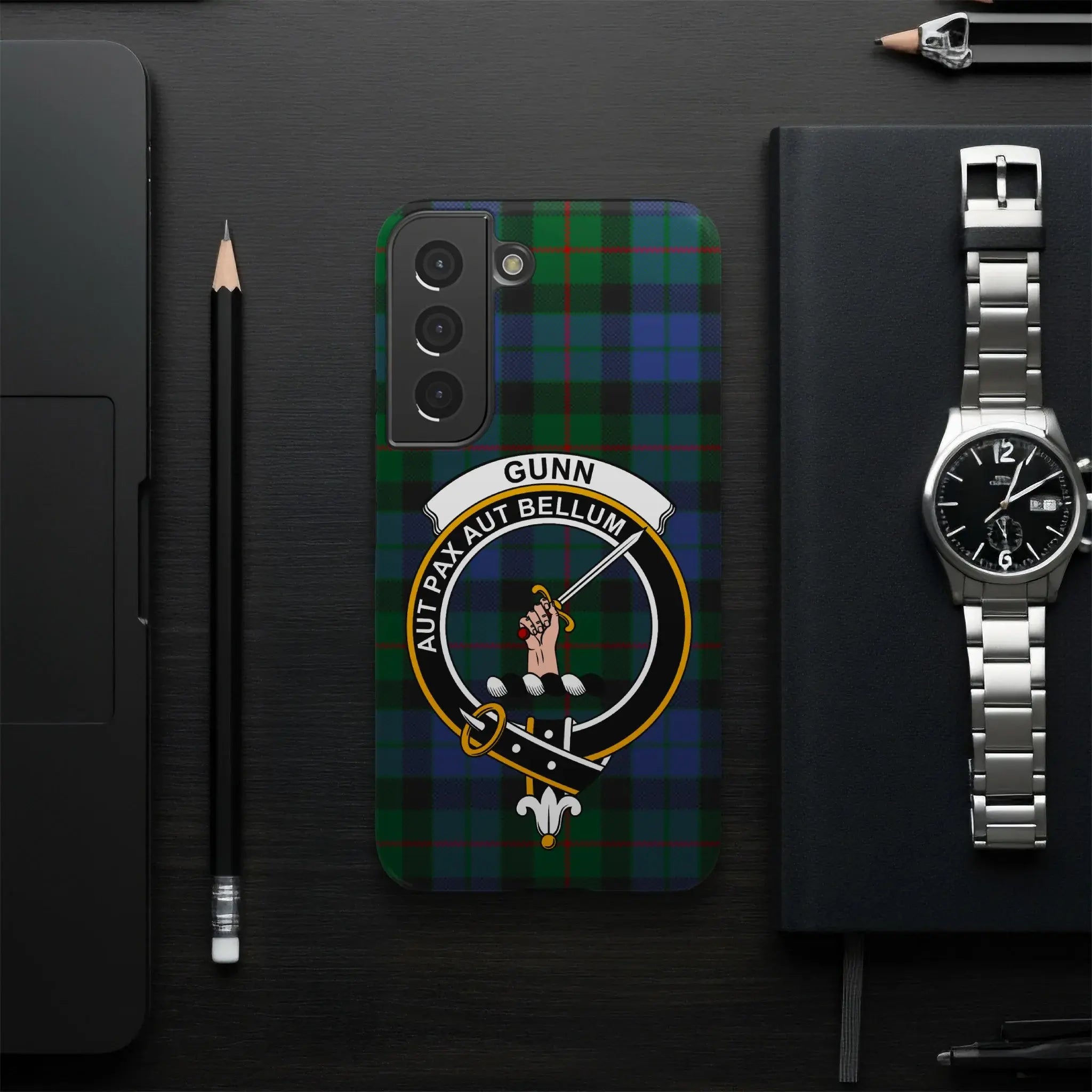 Gunn Aut Pax Aut Bellum clan phone case — full heraldic wrap on glossy impact-resistant shell