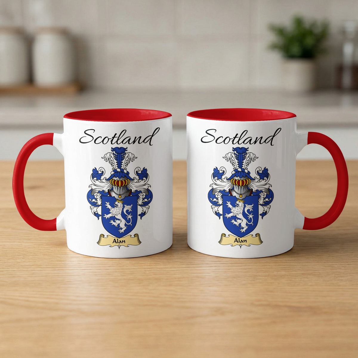 Alan 11 oz Scottish family crest ceramic mug with a Scotland-topped heraldic emblem