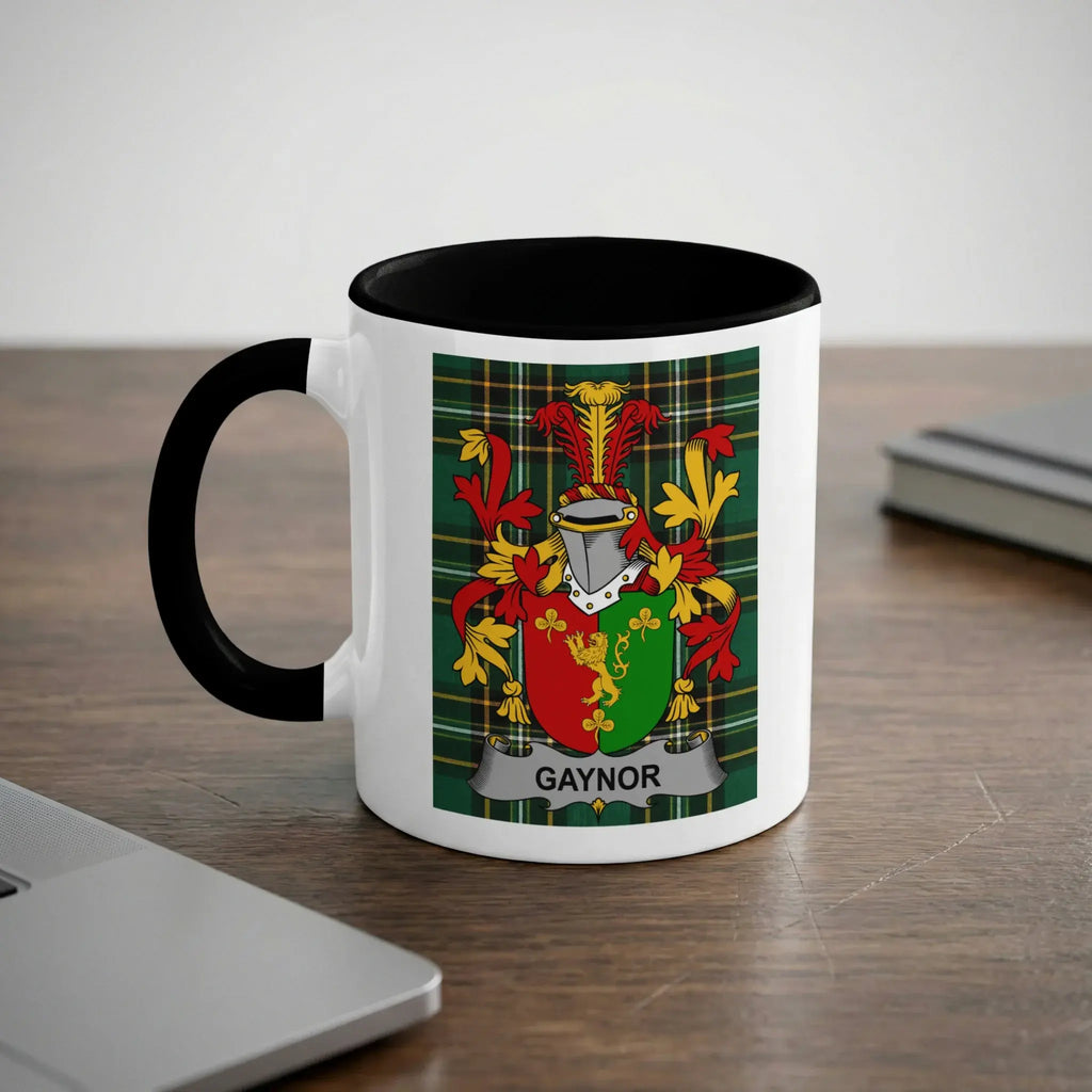 Mug with a crest featuring a lion and helmet, bearing the name GAYNOR.