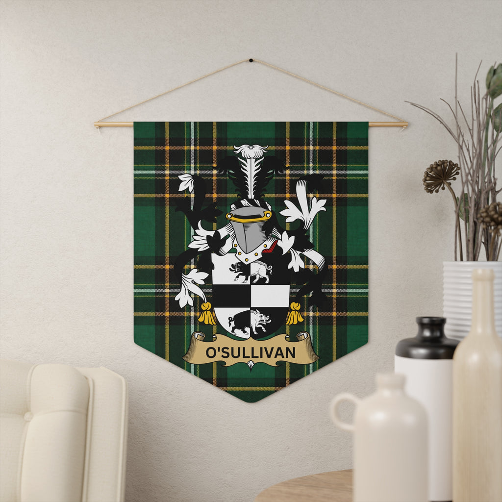 O'SULLIVAN tartan banner with crest hanging on a wall.