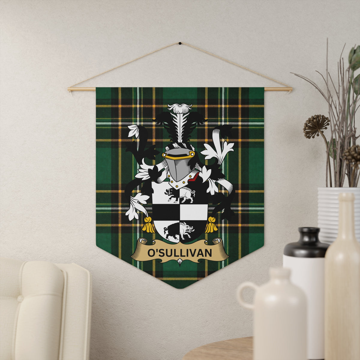 O'SULLIVAN tartan banner with crest hanging on a wall.