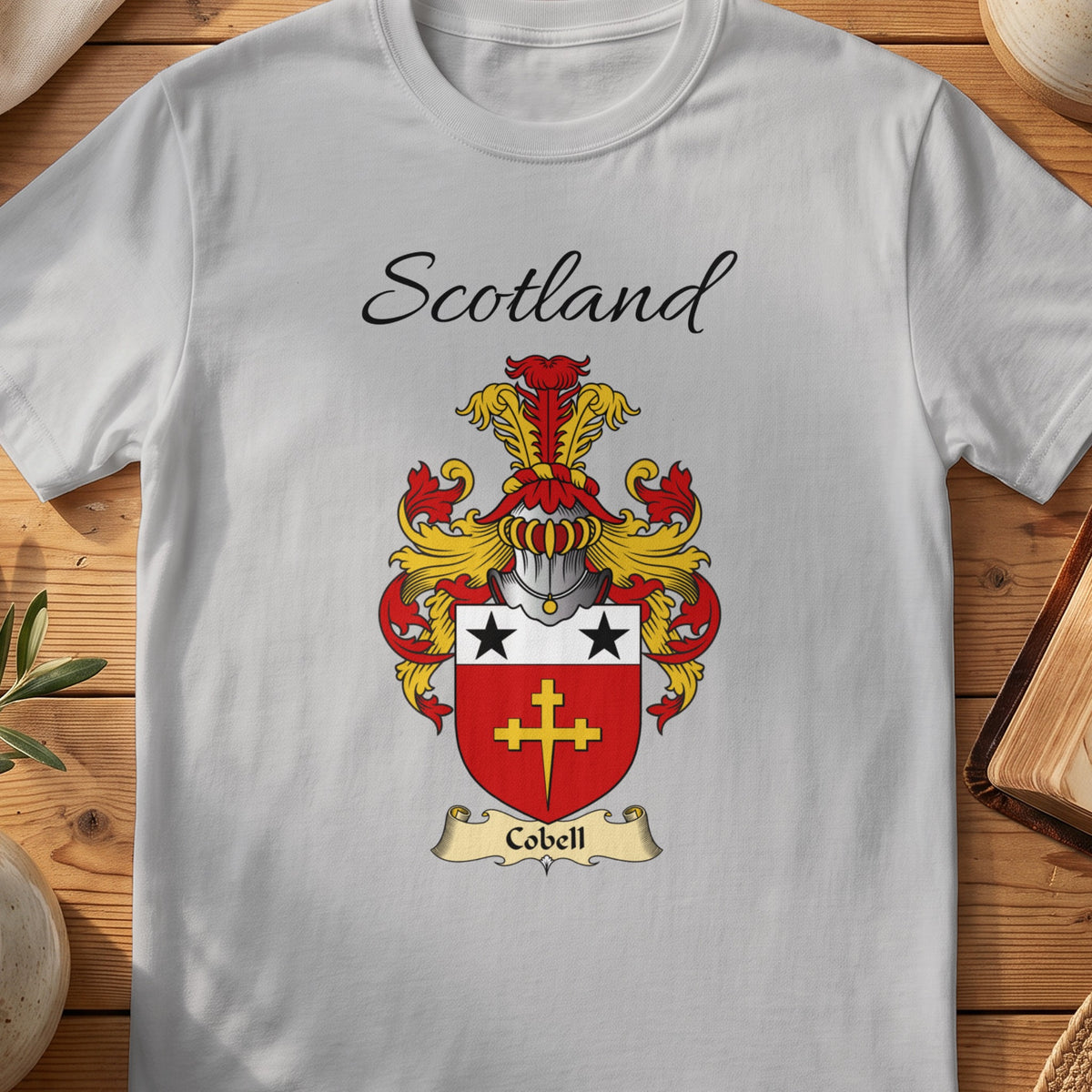 Sport Grey Cobell Scottish family shield T-shirt featuring a gold cross beneath black stars on red