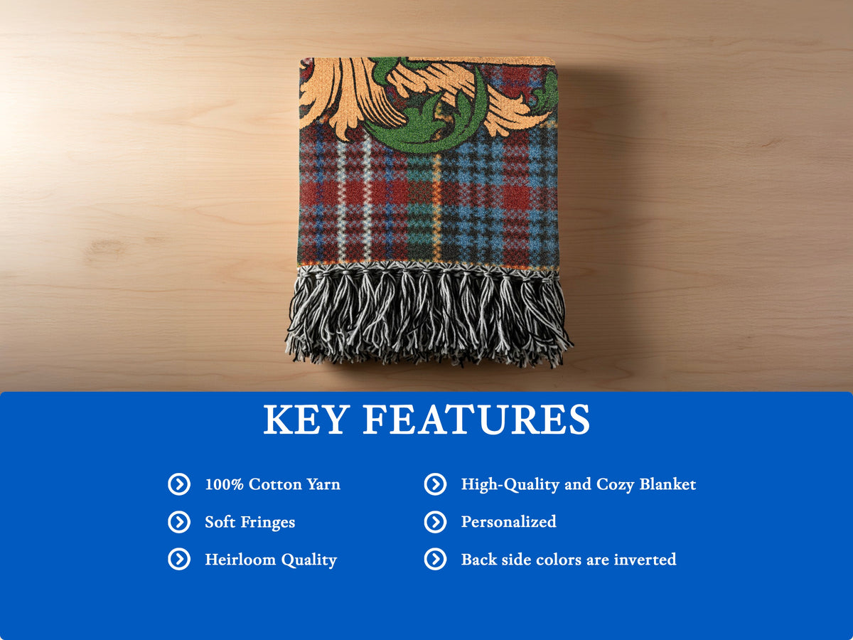 Features of the Moir Scottish family shield woven blanket with Caledonia tartan background