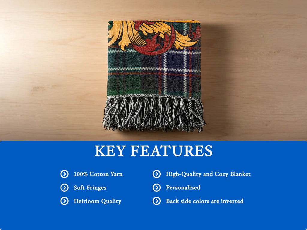 Plaid blanket with ornate scrollwork, white fringe, and key features list.