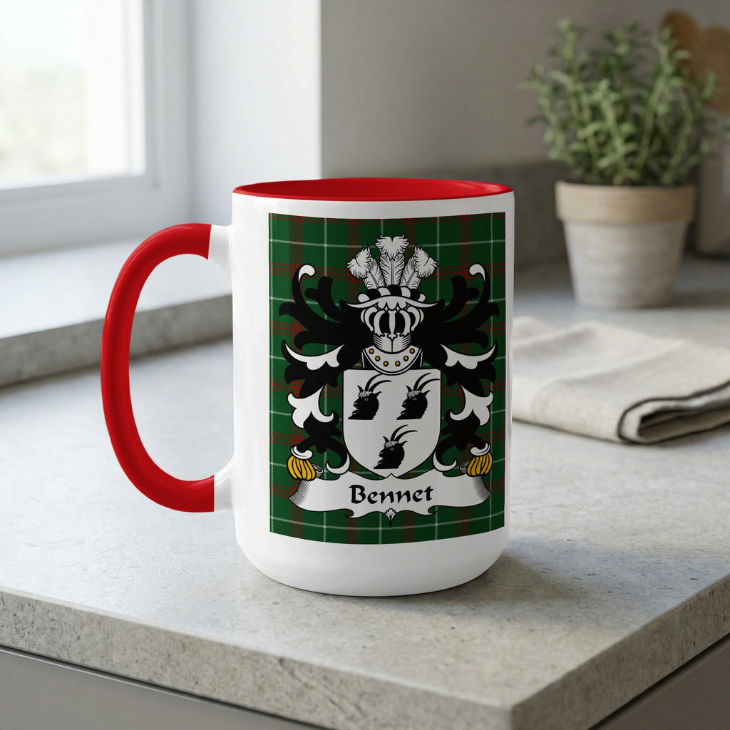White mug with red handle featuring a Bennet family crest on a tartan background.