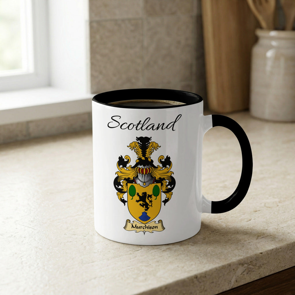 Murchison Scottish family crest accent mug with Scotland lettering and coat of arms artwork