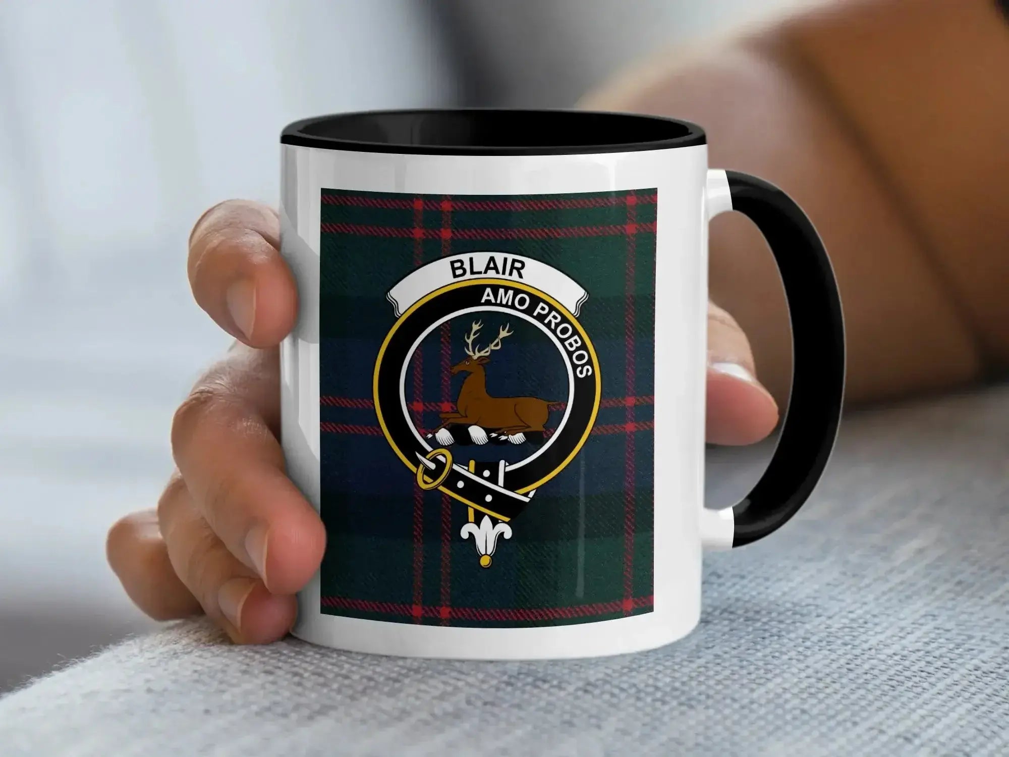 Blair clan crest mug showing front design — Scottish heritage tartan, 15oz with black handle