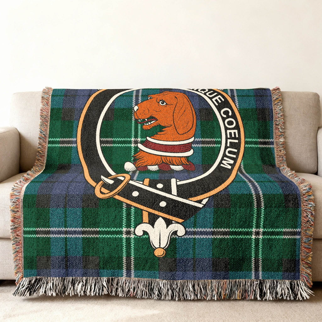 Melville Scottish tartan woven blanket — clan crest with Denique Coelum motto, 52" x 37"