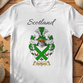 White Clarksone Scottish family shield T-shirt featuring a green diagonal cross between red crescents