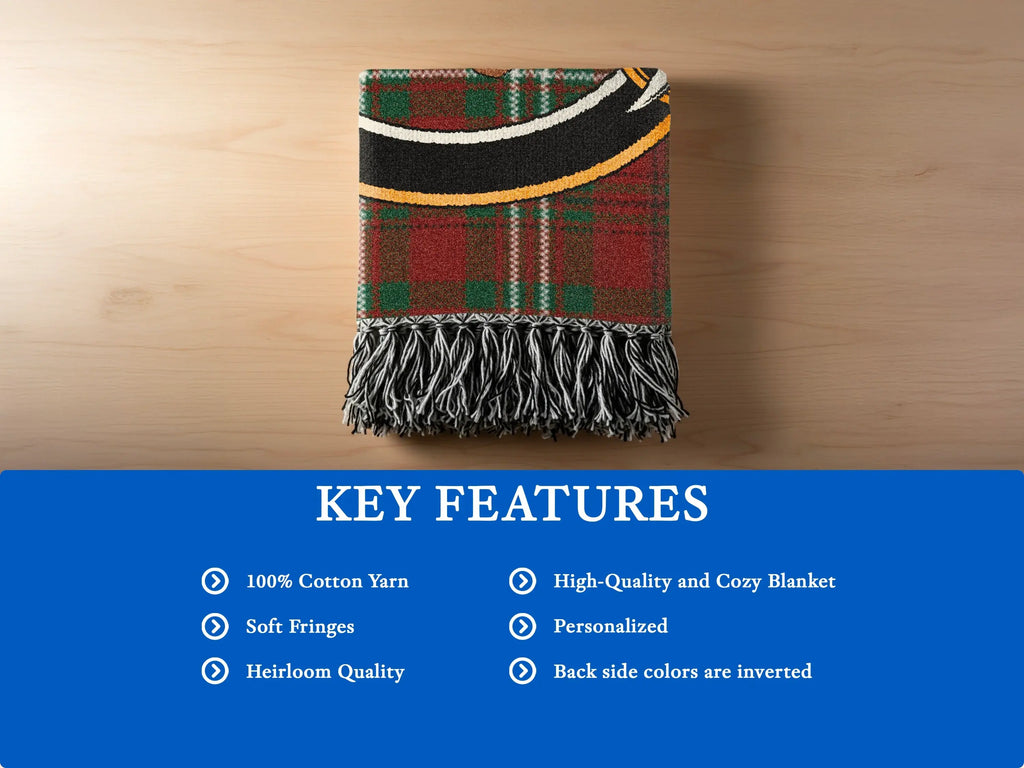 Scott clan crest woven blanket — tartan throw, 60x50 size shown