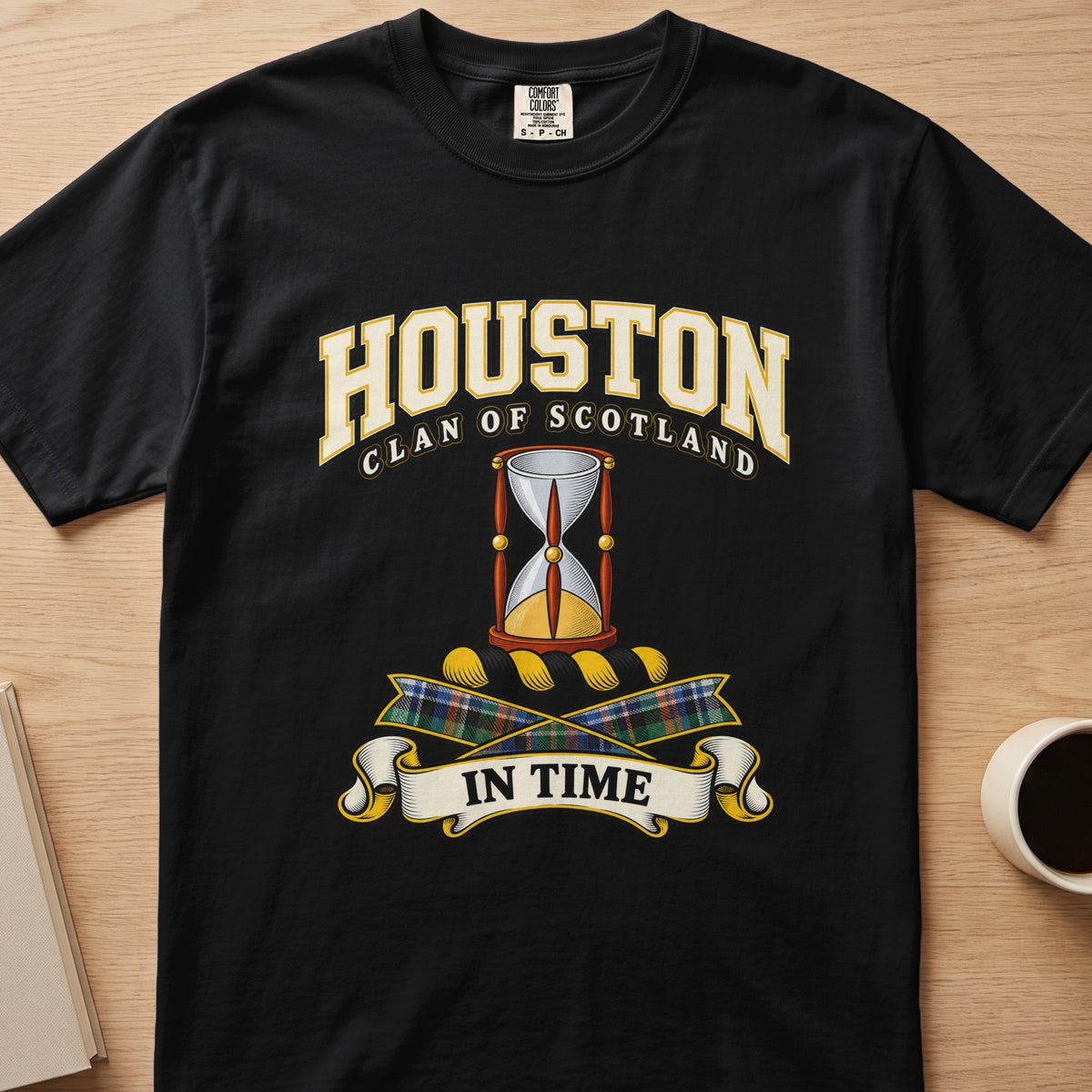 Houston clan crest with hourglass on a black Comfort Colors T-shirt, front view