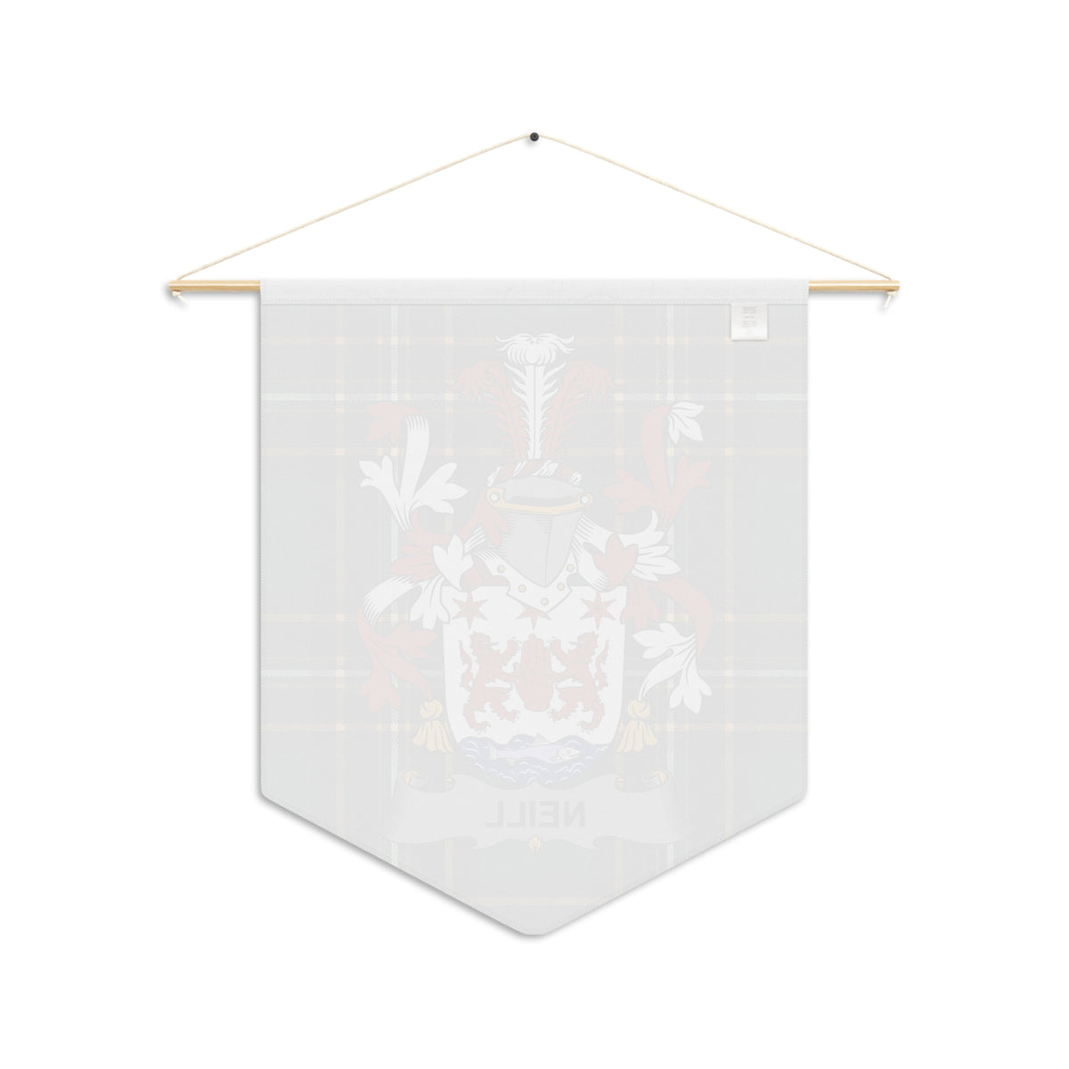 Pennant with crest and plaid background, hanging from wooden rod.
