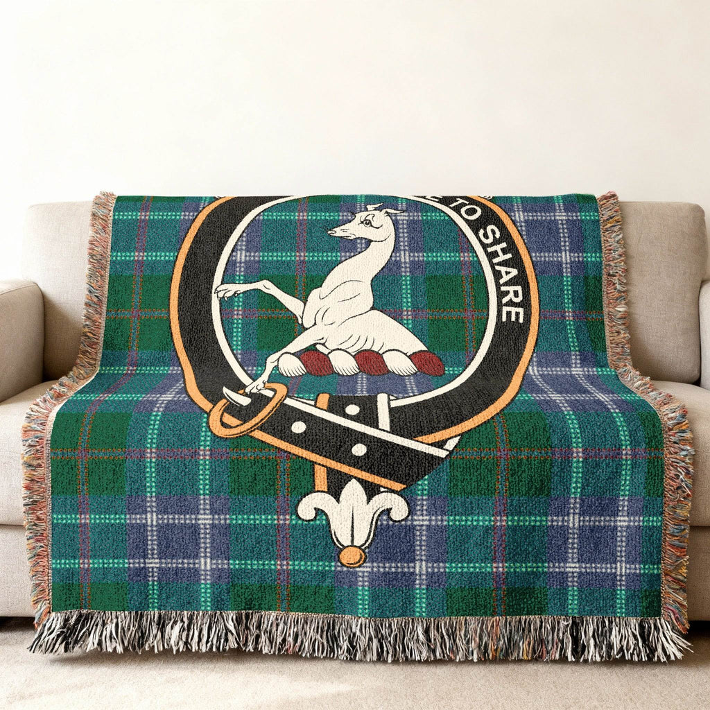 Riddell clan crest Scottish tartan woven blanket — colourful plaid design, 52" x 37" size
