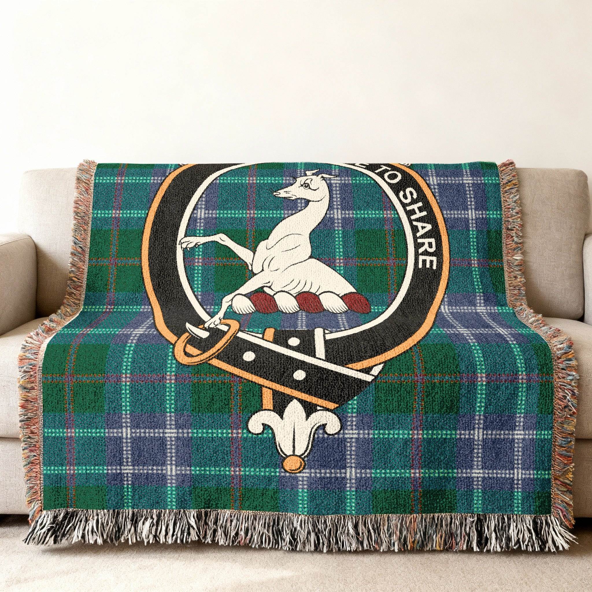 Riddell clan crest Scottish tartan woven blanket — colourful plaid design, 52" x 37" size