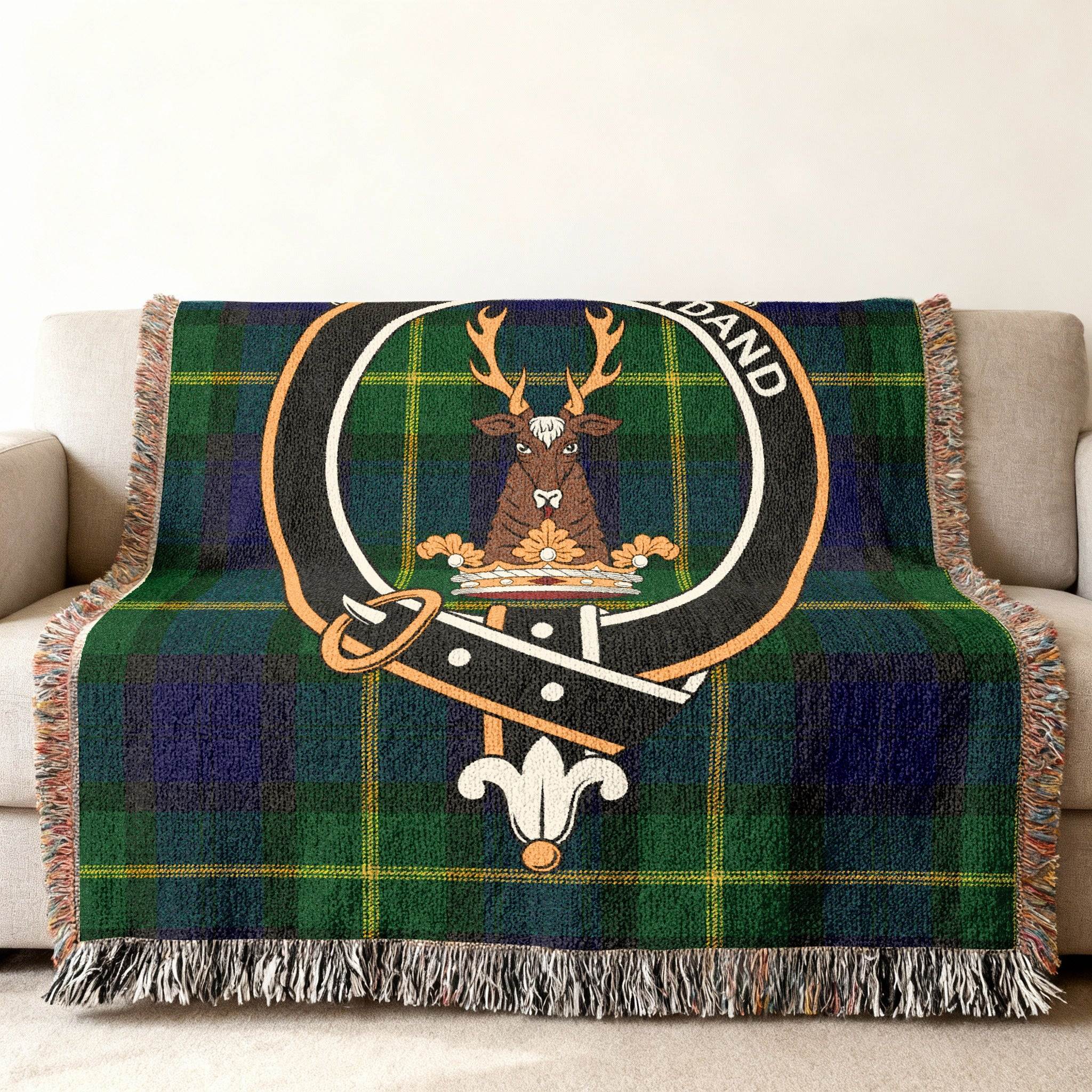 Clan Gordon tartan woven blanket shown flat in largest 80x60 size — Scottish clan heritage gift