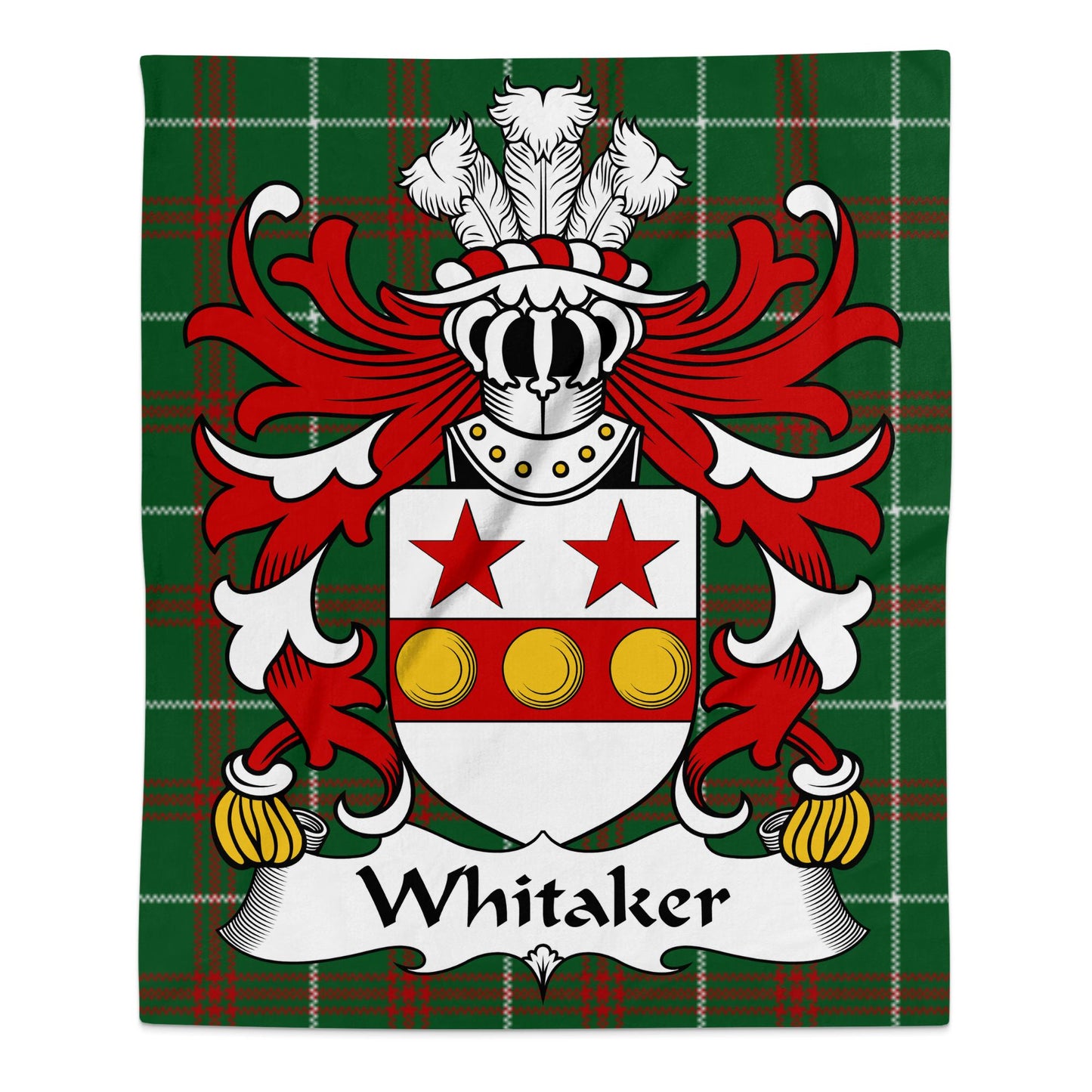 Whitaker Coat of Arms on Welsh National Tartan Background Blanket - Living Stone Gifts