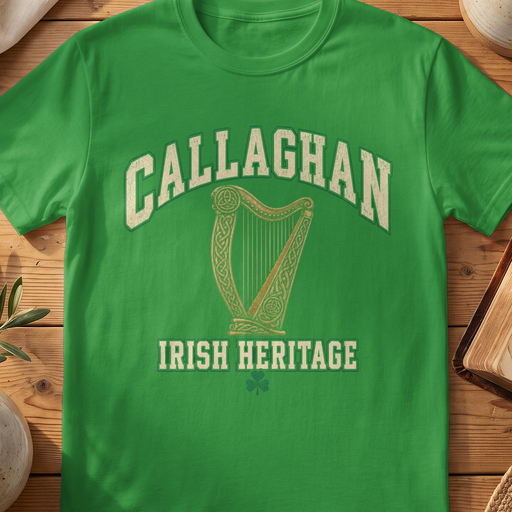 Callaghan Irish Heritage green Gildan 64000 T-shirt with Celtic harp design