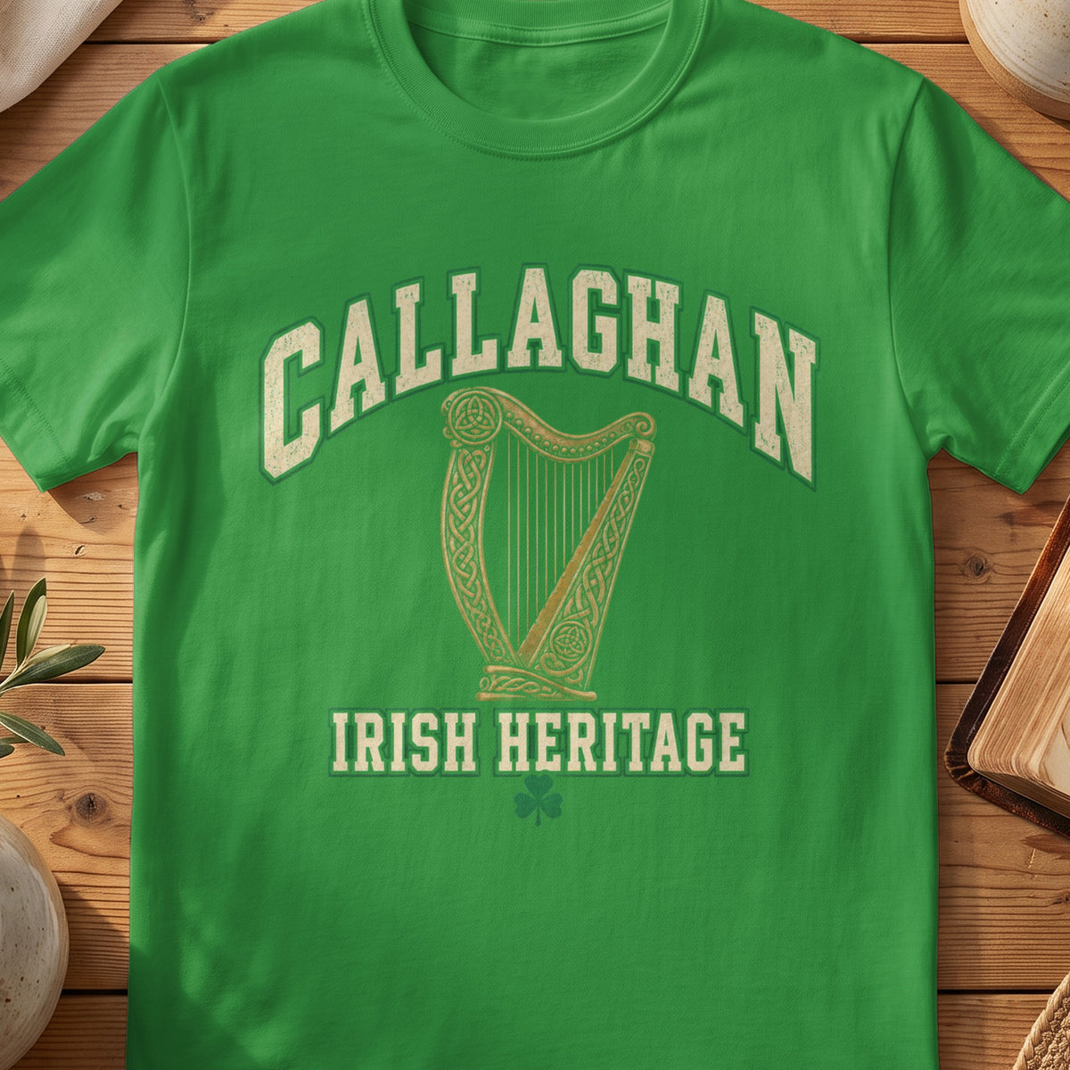 Callaghan Irish Heritage green Gildan 64000 T-shirt with Celtic harp design
