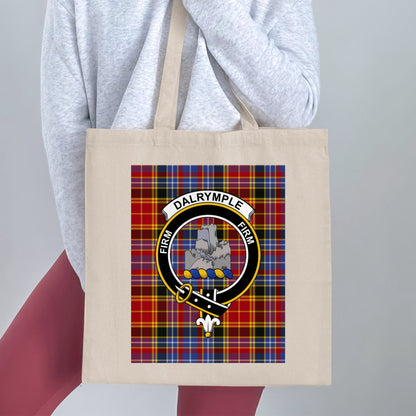 Dalrymple Family Crest on Red Tartan Background Tote Bag - Living Stone Gifts