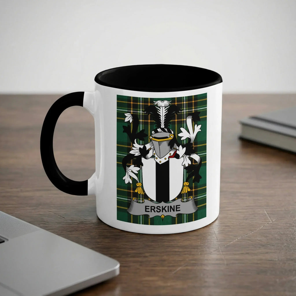 White mug with black handle featuring the Erskine family crest on a plaid background.