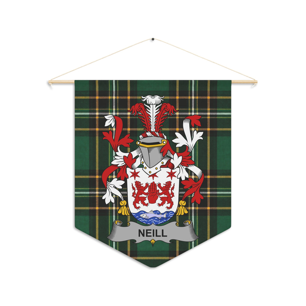 Neill family crest banner with green tartan background and red and white embellishments.