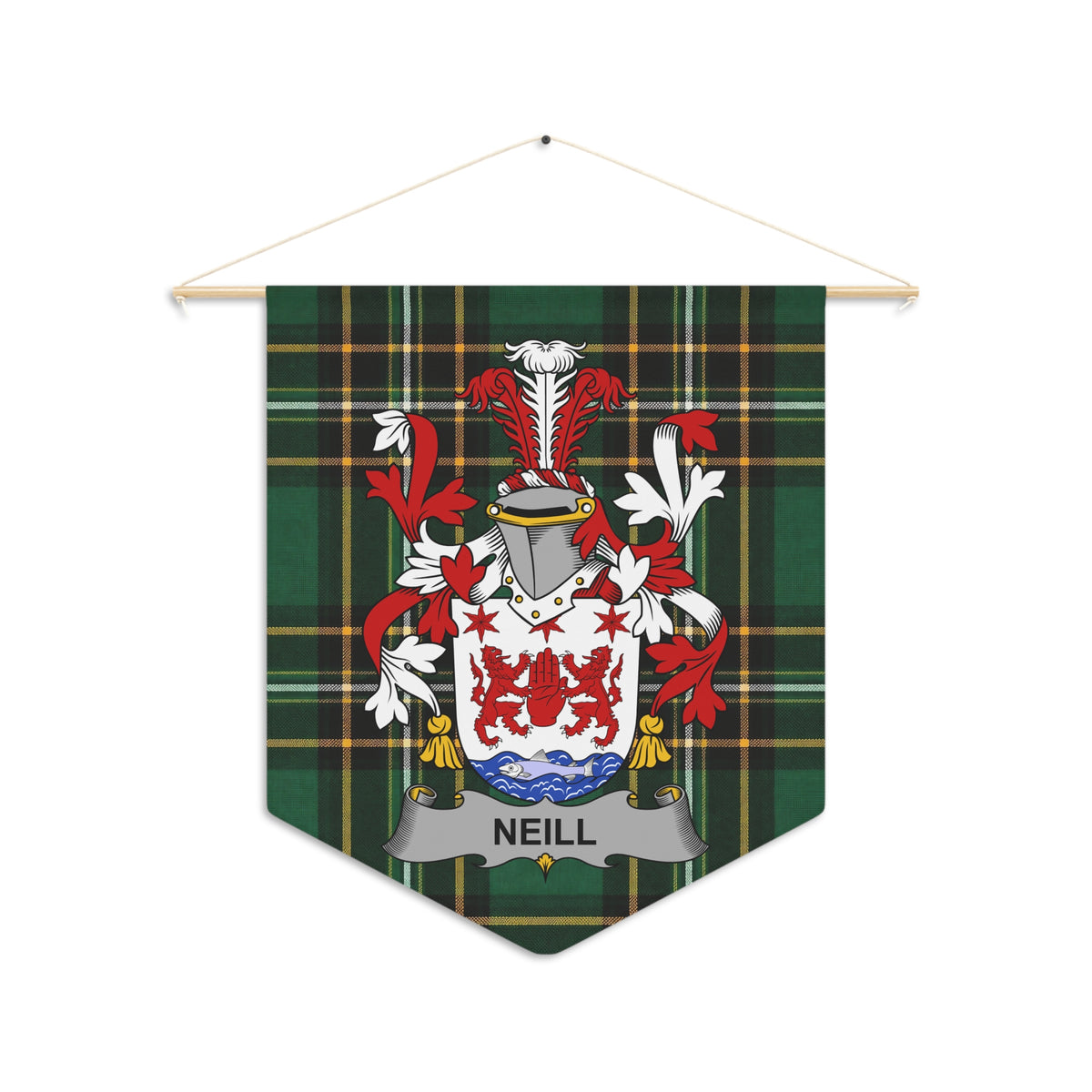Neill family crest banner with green tartan background and red and white embellishments.