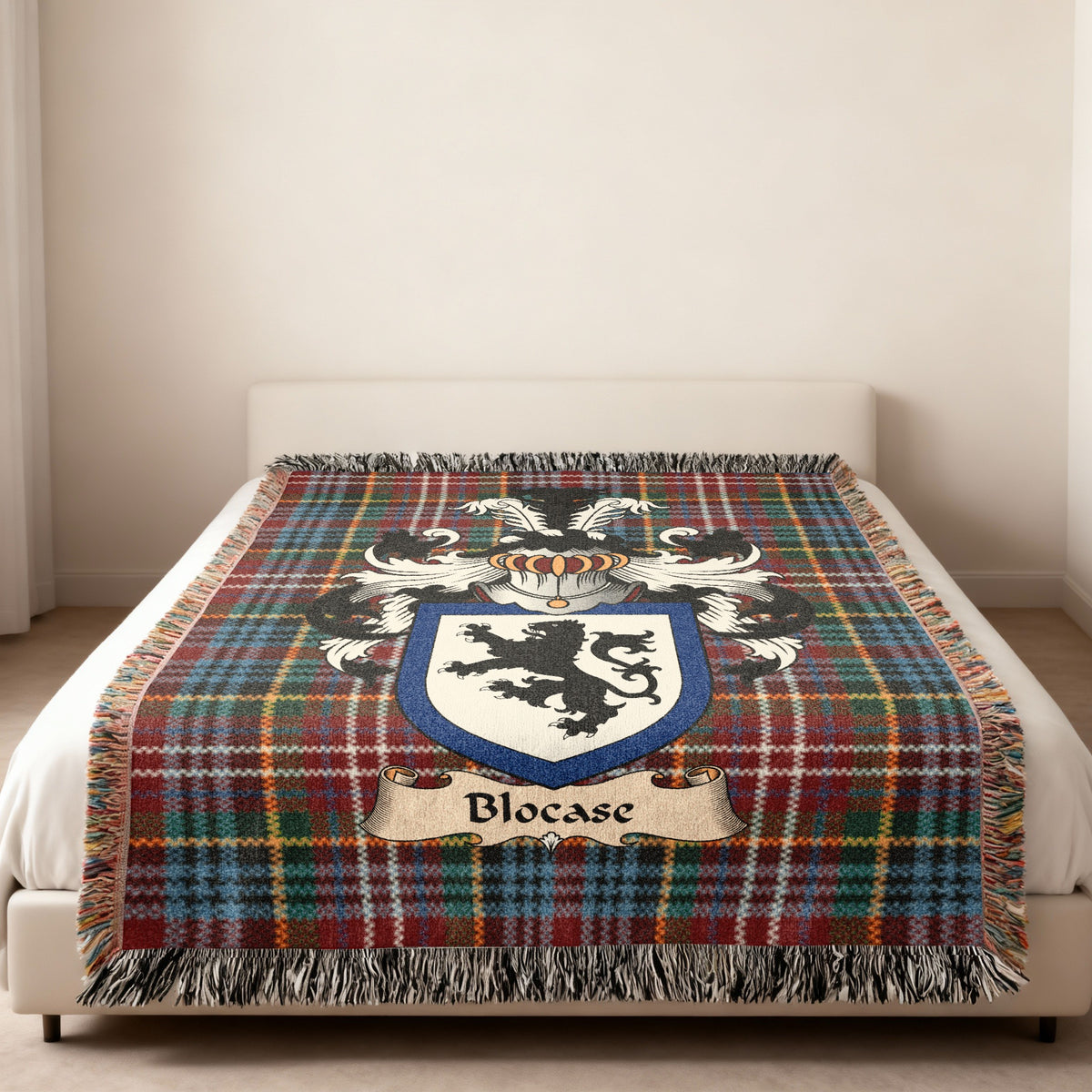 Blocase Caledonia tartan heritage woven throw blanket with family shield