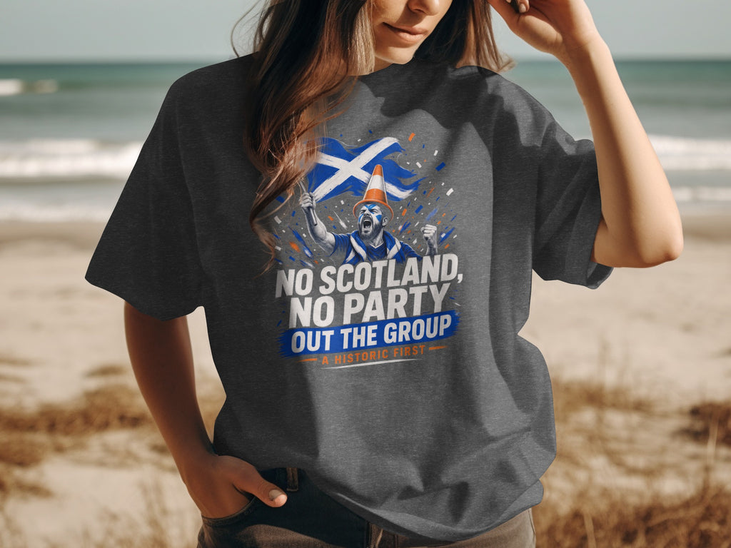 Dark gray t-shirt with "No Scotland, No Party" text and Scottish flag graphic.