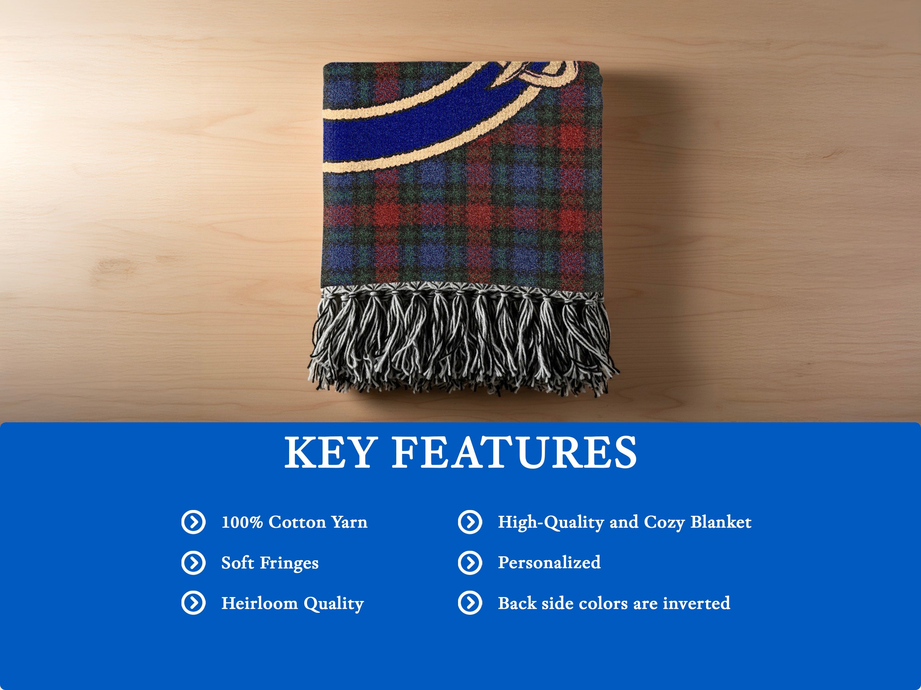 Clark woven blanket detail — tartan with fringe edges and stripe accent