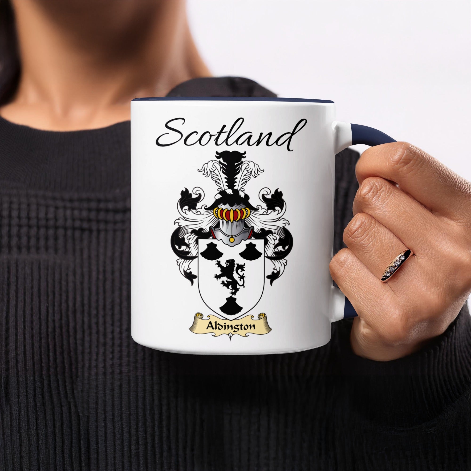 Red-accent Alsington Scottish family crest mugs with Scotland above the heraldic shield
