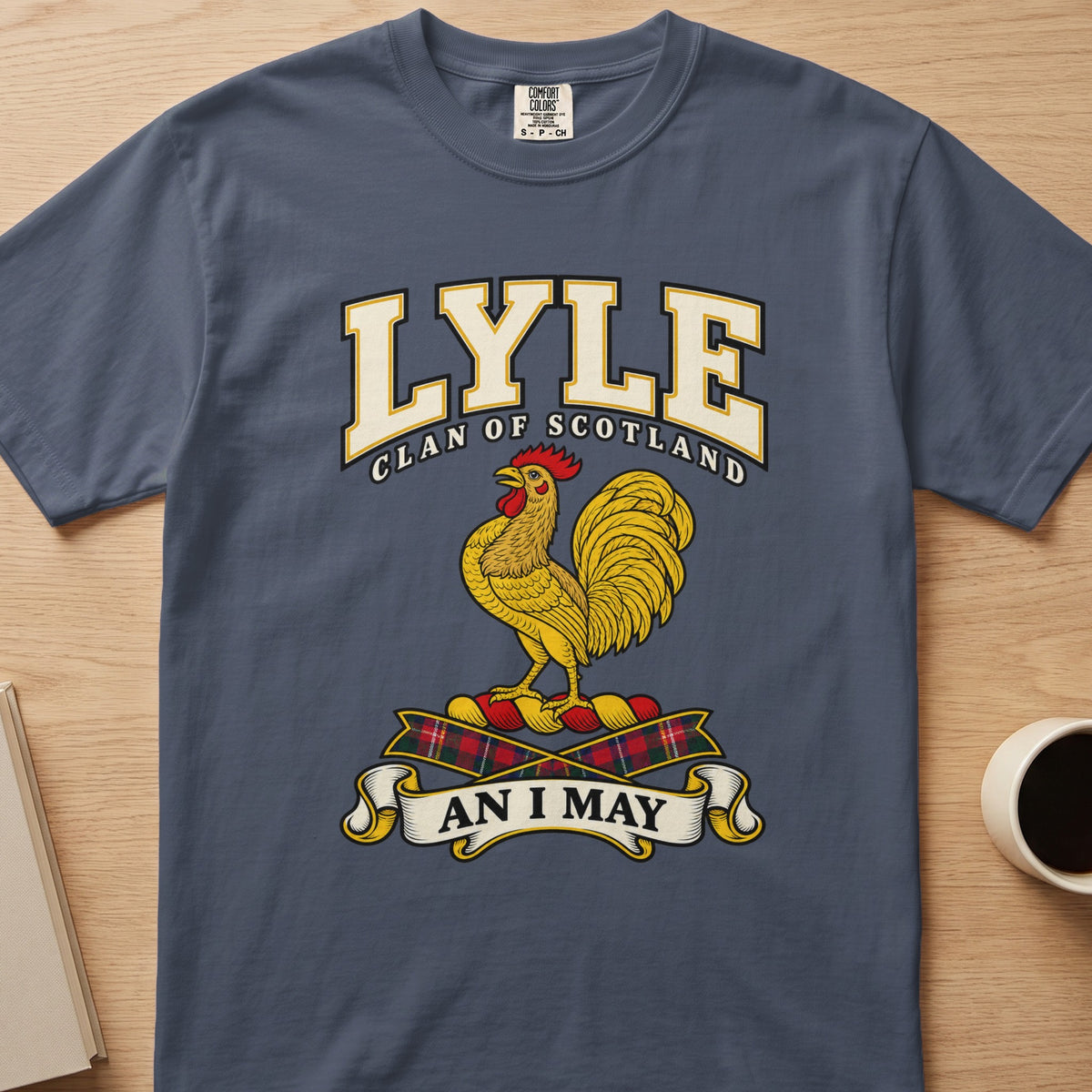 Lyle clan crest with gold rooster on a slate blue Comfort Colors T-shirt, front view