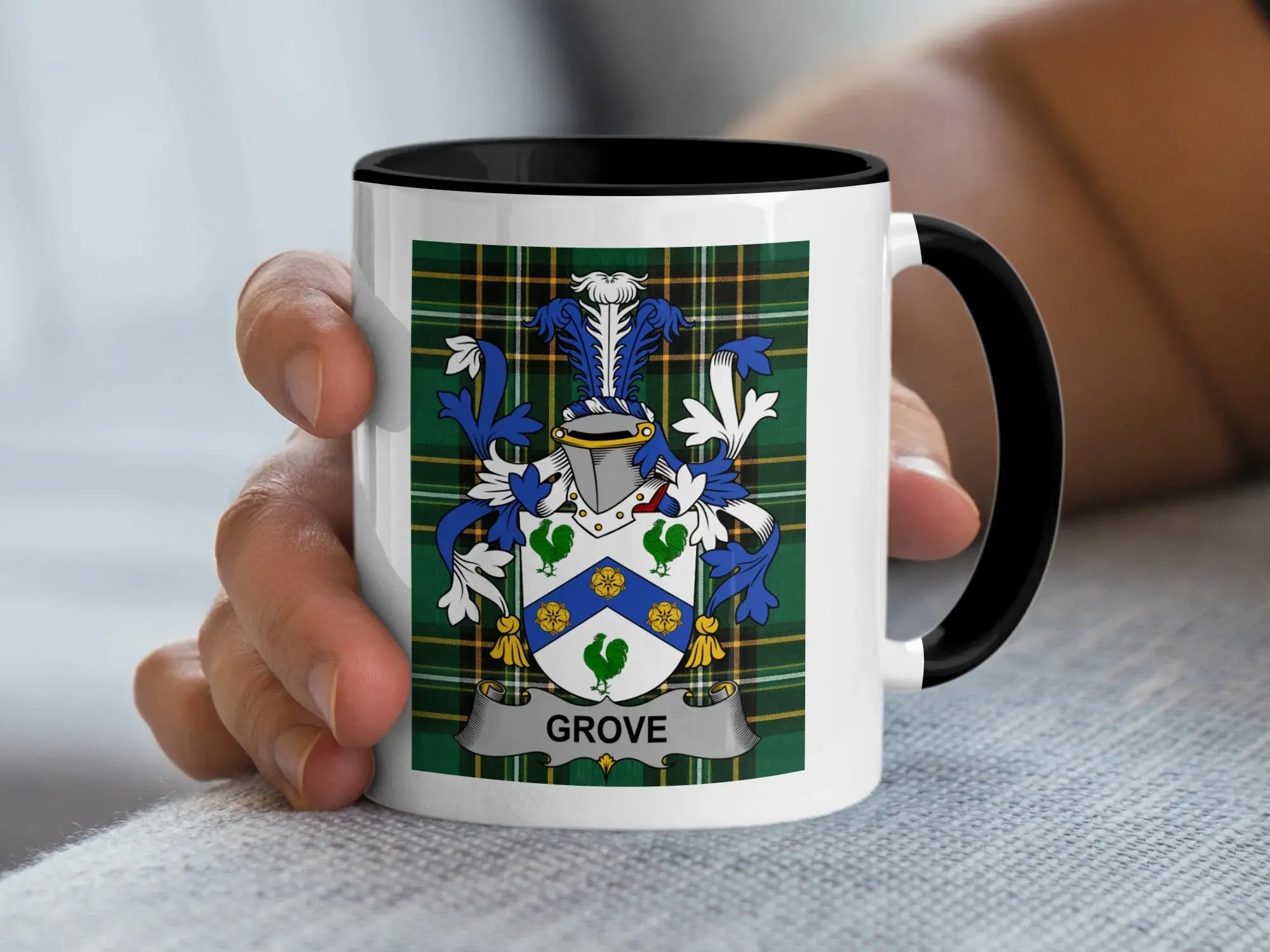 White mug with black rim featuring a family crest with the name "GROVE".