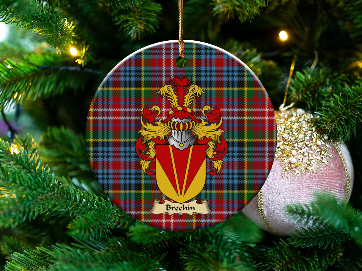 Brechin Scottish clan ceramic ornament with family crest on a Caledonia tartan background, hanging on a Christmas tree