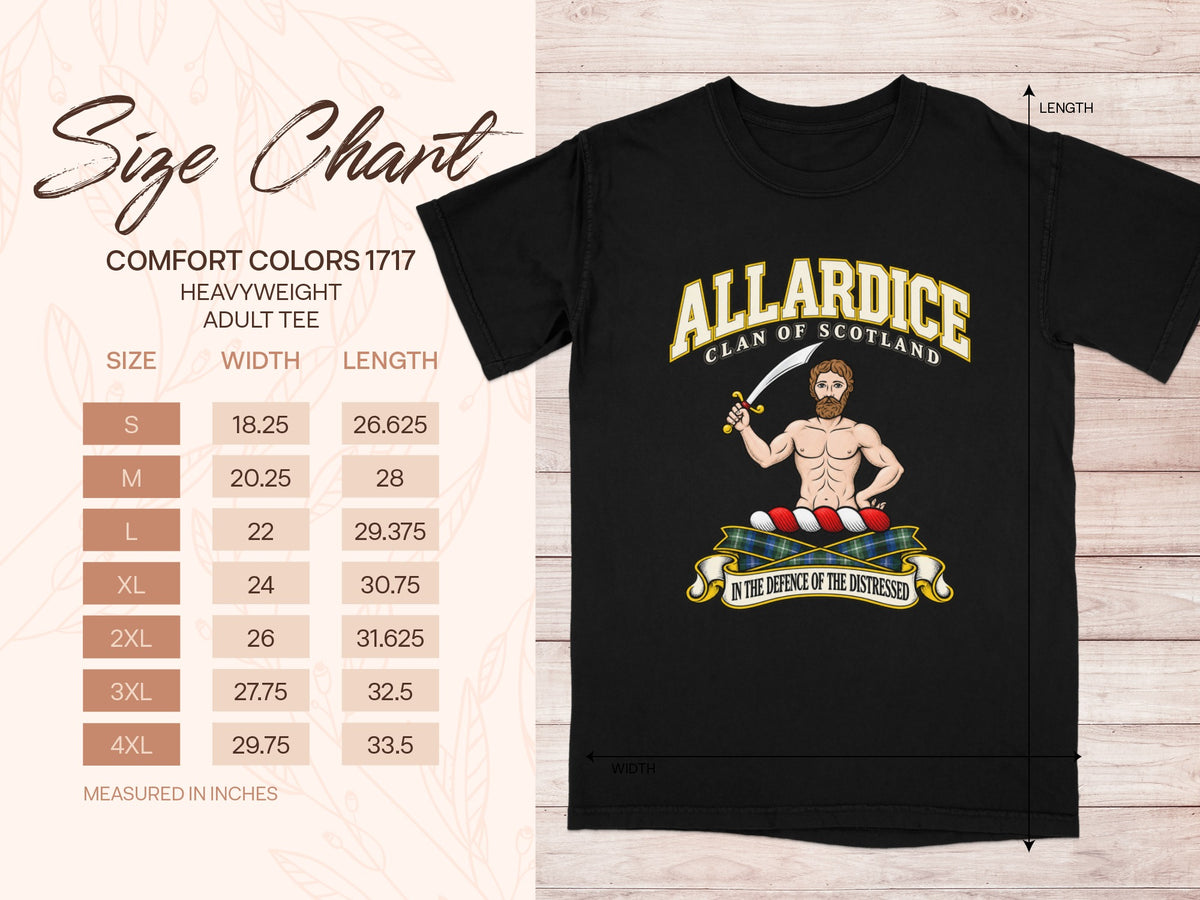 Comfort Colors 1717 size chart for the Allardice Scottish clan T-shirt, adult sizes S–4XL.
