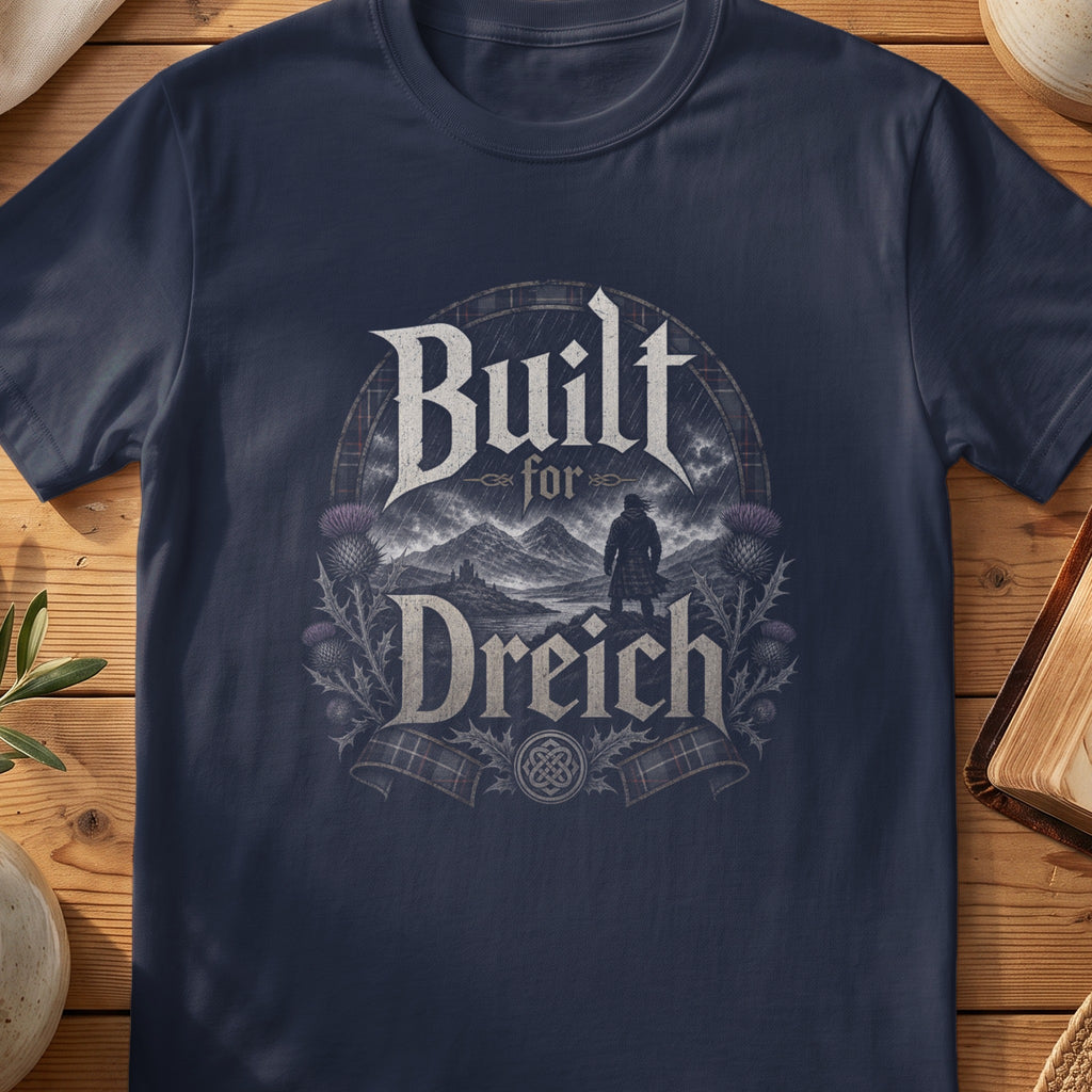 Navy Gildan 64000 unisex T-shirt flatlay with Built for Dreich Scottish graphic design