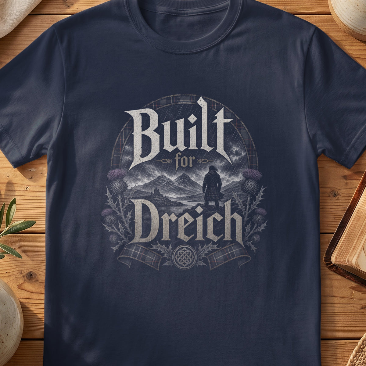Navy Gildan 64000 unisex T-shirt flatlay with Built for Dreich Scottish graphic design