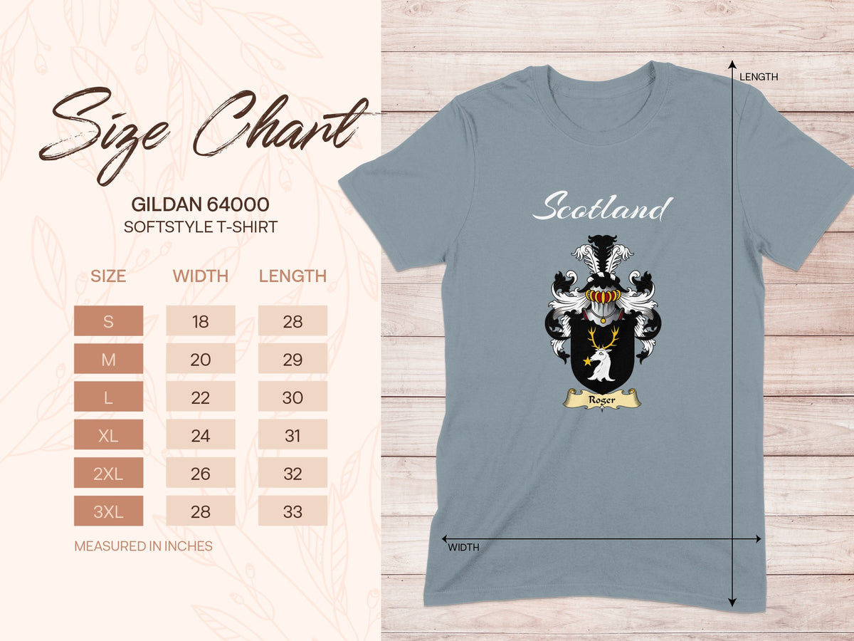 Gildan 64000 size chart for Roger Scottish family shield T-shirt