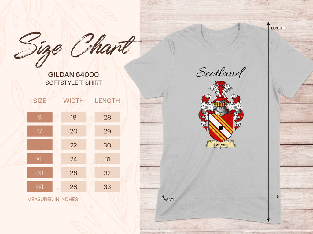 Gildan 64000 size chart for the Cannon unisex T-shirt, sizes S to 3XL